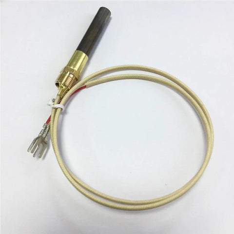 750°C millivolt thermopile replacement sensor for gas fireplace, beige insulated lead with brass threaded connector.