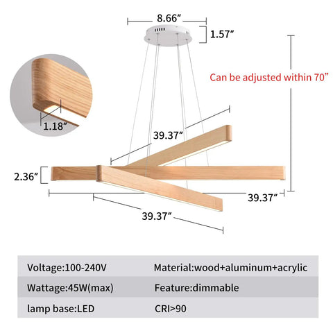 Wood Integrated LED Linear Pendant Light 31.5 Inch 18W 4000K Modern Farmhouse Fixture with measurements and features