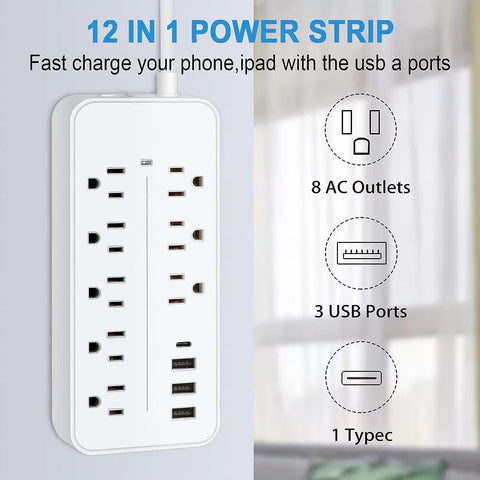 12 in 1 power strip with 8 AC outlets, 3 USB A ports, 1 USB C, perfect for home office dorm setups.