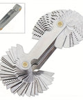 Front view of 58pc metric and imperial screw thread pitch gauge set, folding metal blades, stainless steel finish