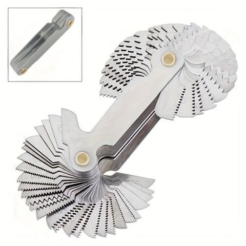 Front view of 58pc metric and imperial screw thread pitch gauge set, folding metal blades, stainless steel finish