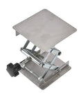 Adjustable Stainless Steel Lab Lift Table With Smooth Flat Surface For Welding Positioner Shop Rig Heavy Duty Support Stand Built Like A Tank And Rust Resistant with raised platform and knobs.