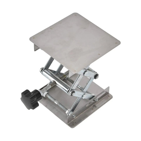 Adjustable Stainless Steel Lab Lift Table With Smooth Flat Surface For Welding Positioner Shop Rig Heavy Duty Support Stand Built Like A Tank And Rust Resistant with raised platform and knobs.