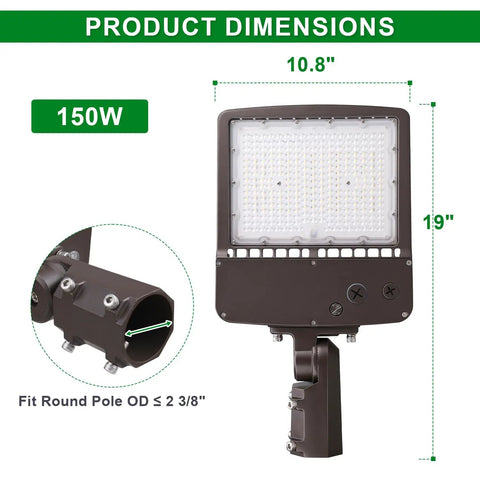 Beefed Up 300W LED Parking Lot Light With Dusk To Dawn Photocell, showing dimensions and slip fitter mount, 150W detail