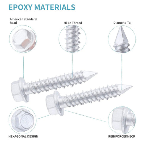 Straight Up Heavy Duty 1/4 X 1 1/4 Inch 410 Stainless Steel Hex Head Concrete Tapcon Screws close-up showing hex design and threading.
