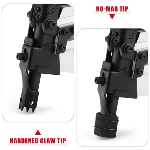 Close-up of hardened claw and no-mar tips on Three In One Air Framing Nailer With Adjustable Magazine For Twenty One, Twenty Eight, Thirty Four Degree Nails, Nail Length Two And A Quarter To Three And A Half Inches, 70 To 120 PSI, Anti Dry Fire Mechanism, Hardened Claw Tip For Reduced Wear.