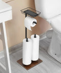 Dope Free Standing Toilet Paper Holder With Storage Shelf In Black And Brown Finish Holds One Dispenser And Up To Six Front Paper Towel Rolls Easy Access Bathroom Organizer Stand For Tidy Busy Homes next to toilet