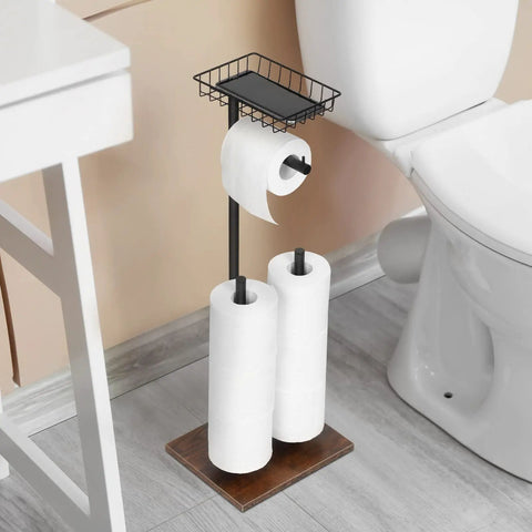 Dope Free Standing Toilet Paper Holder With Storage Shelf In Black And Brown Finish Holds One Dispenser And Up To Six Front Paper Towel Rolls Easy Access Bathroom Organizer Stand For Tidy Busy Homes next to toilet