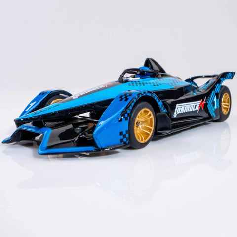 Infinity HO Slot Racing Set With Upgraded Controllers, Realistic Handling And Tune Up Kit, sleek blue and black slot car close-up.