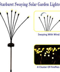 Solar Garden Lights Outdoor 4 Pack Firefly Swaying Lights Waterproof Garden Decor shown swaying with wind, 26.5in height