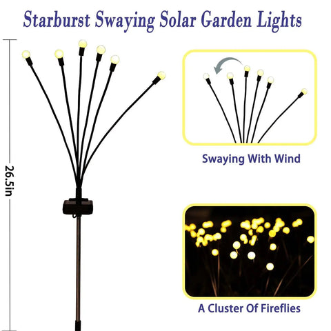 Solar Garden Lights Outdoor 4 Pack Firefly Swaying Lights Waterproof Garden Decor shown swaying with wind, 26.5in height