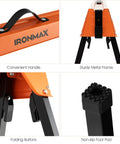 Heavy Duty Foldable Saw Horses 2 Pack Supporting 1322 Lbs With Toughened Steel Rig And Quick 2x4 Workbench Hooks, showing convenient handle and sturdy metal frame.