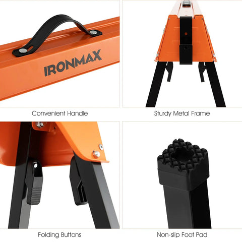 Heavy Duty Foldable Saw Horses 2 Pack Supporting 1322 Lbs With Toughened Steel Rig And Quick 2x4 Workbench Hooks, showing convenient handle and sturdy metal frame.