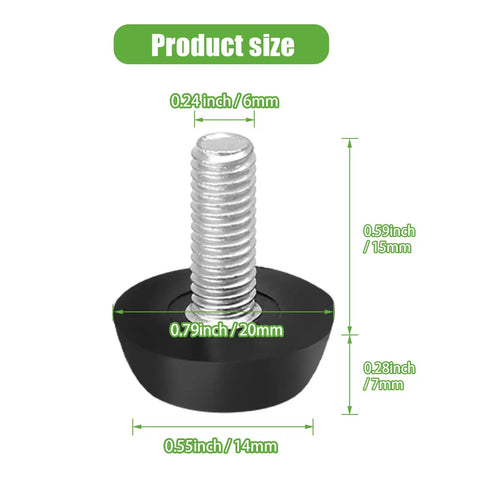 Heavy Duty 12 Pack Adjustable Furniture Levelers With M6 Thread Anti Wobble Feet showcasing size dimensions for better fitting.