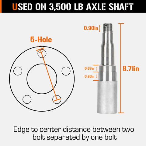 Two 5-lug trailer hub kits with 4.5-in bolt circle, silver metal tapered axle and cone bearings.