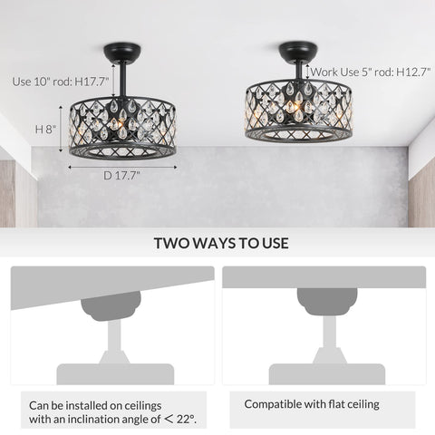 Bladeless Ceiling Fan With Crystal Cage Lights, Industrial Flush Mount Fandelier For Bedroom Closet Or Garage, two mounting options