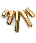 300 Piece M3 Copper Pillar Stand Off Kit With Hex Column Spacers And Threaded Screws Nuts Brass Fasteners For Electronics And DIY Projects Easy Install Durable Spacers For Stable Mounts And Reliable Hardware. Five brass M3 hex standoffs on white background