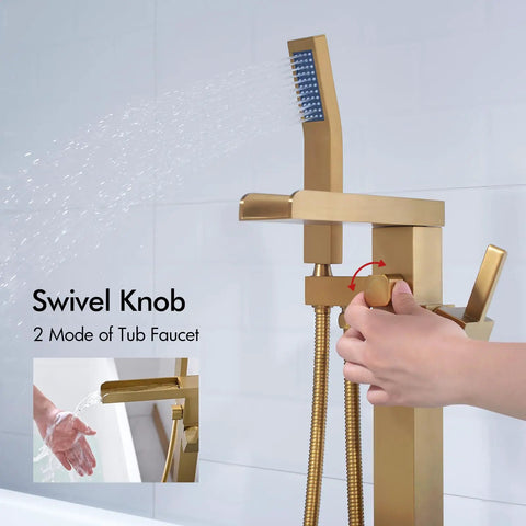 Solid Brass Floor Mount Bathtub Faucet Free Standing Tub Filler With Hand Shower Swivel Spout Brushed Brass And Brushed Gold High Flow Rate Waterfall Look For Modern Bathrooms, showing hand adjusting swivel knob
