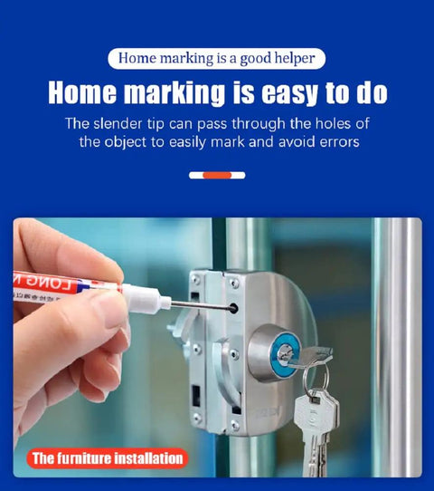 Set Of 3 Deep Hole Marking Pens With Long Extended Nibs For Carpentry And Woodworking Projects Straight Shooter Build That Effortlessly Hits Every Tight Spot Red Black And Blue Ink used for marking a lock installation.