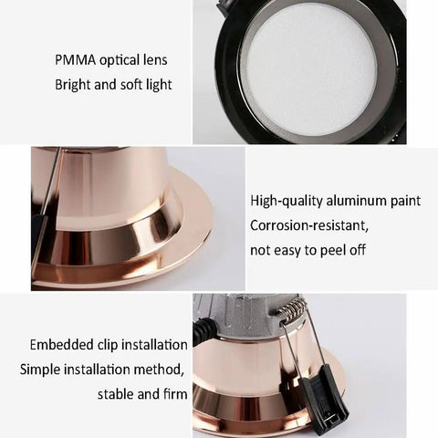 Close-up of UWYTGF Retrofit Led Recessed Lighting showing PMMA optical lens, high-quality aluminum paint, and embedded clip installation.