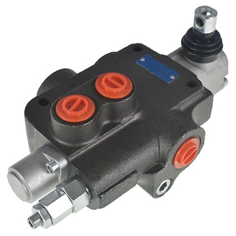 Three-quarter front view of a black hydraulic directional control valve with orange port caps and SAE ports.