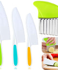 TAORISH 4-piece kids knife set, front view: white serrated blades and colored plastic handles; green crinkle cutter