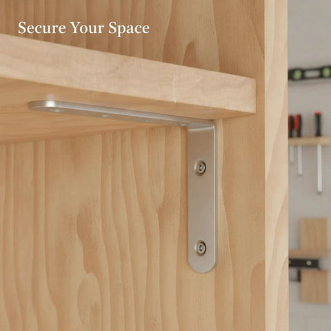 Heavy Duty Stainless Steel L Bracket Shelf Support for furniture reinforcement, installed on wooden shelf corner, 5.9 x 3.9 inch
