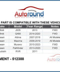 Compatibility chart for Rear Wheel Bearing Hub Assembly 512388 Fits Nissan Altima 07-18, Maxima 09-19, Murano 15-23, Infiniti QX60 14-20, JX35 2013, Mitsubishi RVR 2011, 5 Lug With ABS