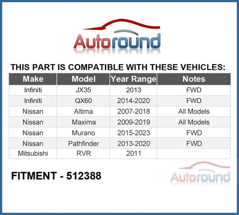 Compatibility chart for Rear Wheel Bearing Hub Assembly 512388 Fits Nissan Altima 07-18, Maxima 09-19, Murano 15-23, Infiniti QX60 14-20, JX35 2013, Mitsubishi RVR 2011, 5 Lug With ABS