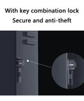 Close-up of key combination lock on Heavy Duty Outdoor EV Charger Protector With All Weather Rain Cover And Secure Anti Theft Lock Built Tough Floor Standing Steel Enclosure For Garage Driveway And Residential Use.