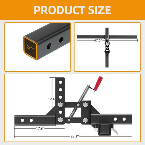 ATV UTV Manual Implement Lift With 1-Point Lift System And 2-Inch Hitch Receivers, size dimensions shown