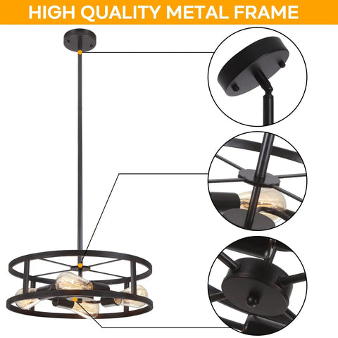 Black Industrial Farmhouse Semi Flush Mount Ceiling Light With Adjustable Height And Three Rod System Modern Drum Pendant Chandelier details
