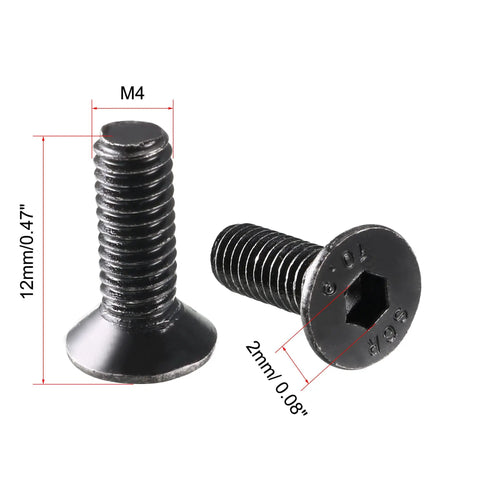 Heavy Duty M4 Countersunk Hex Socket Screws 12 Millimeter 10.9 Grade Carbon Steel Flat Head Machine Fasteners 50 Piece Pack, detailed view of screws.