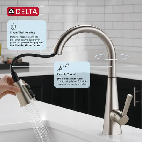 Crisp Brushed Nickel Kitchen Faucet Featuring Heavy Duty Pull Down Sprayer Top Shelf Single Handle Control Hassle Free Four Inch Setup Spot Shield Finish, showcasing flexible control and 360° swivel.
