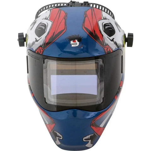Front view of Captain Jack RFP 40VizI4 auto darkening welding helmet with 180 degree vision, 4.3 by 3.5 inch ADF, royal blue.