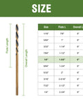 Size chart and image of Long Reach 1/8 Inch By 6 Inch Aircraft Extension Drill Bits 6 Pack M2 High Speed Steel