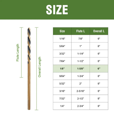 Size chart and image of Long Reach 1/8 Inch By 6 Inch Aircraft Extension Drill Bits 6 Pack M2 High Speed Steel