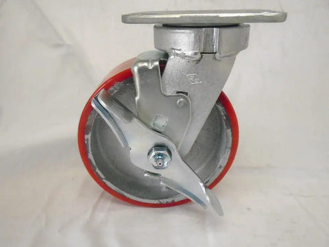Rock Solid Smooth Riding 6 Inch Polyurethane Swivel Casters With Top Lock Brakes And Steel Cores 1200 Pounds Capacity shown from side angle.