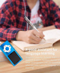 Portable MP3 MP4 Player With 1.8 Inch LCD Screen And 64GB TF Card Slot Dark Blue next to a person writing in a notebook