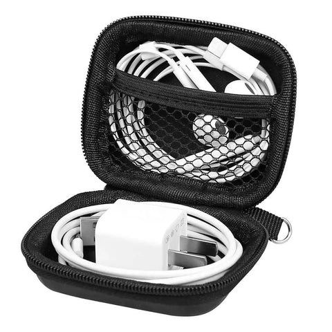 Solid As A Rock Hard Earbud Case With Smooth Pull Zipper And Secure Travel Clip For Your Daily Drivers And Mini Wireless Earbuds Beater Resistant Eva Carry Pouch with earbuds and charger inside.