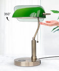 Glass Bankers Desk Lamp With USB Charging Port LED Desk Light Emerald Green Glass Shade Brass Finish Classic Retro Pull Chain