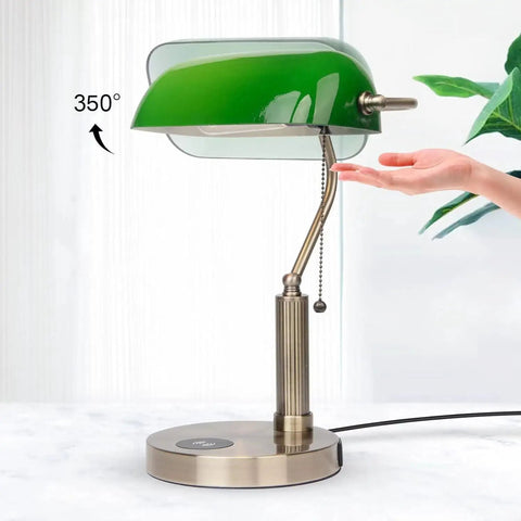 Glass Bankers Desk Lamp With USB Charging Port LED Desk Light Emerald Green Glass Shade Brass Finish Classic Retro Pull Chain
