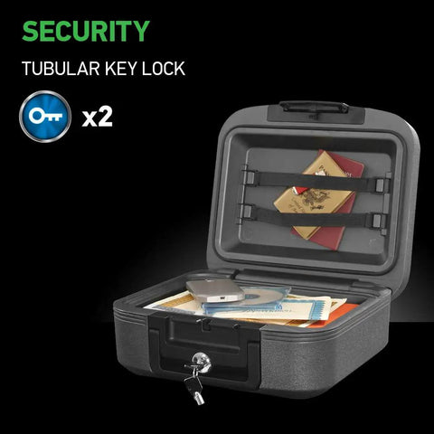 Open Charcoal Gray Fireproof And Waterproof Safe Box With Key Lock For Money And Passport Stash Portable Travel Chest