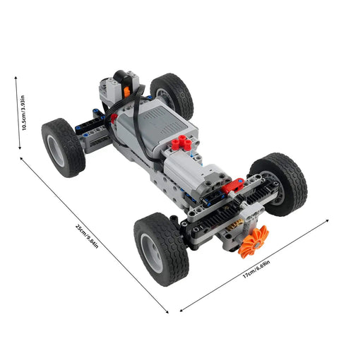 4X4 RC Car Chassis Kit For Off Road Climbing Remote Control Build Block Car With M Motor And Servo Steering AA Battery Box 62.4x20mm Wheels DIY STEM Set For Hands On Engineering shown assembled with dimensions visible.
