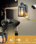 GFCI Porch Light With Dusk To Dawn Motion Sensor Breezy Rustproof Outdoor Lighting Fixture Three Lighting Modes For Front Door Patio Garage Exterior Lights 2 Pack illuminating a porch with a security camera and startled masked figure.