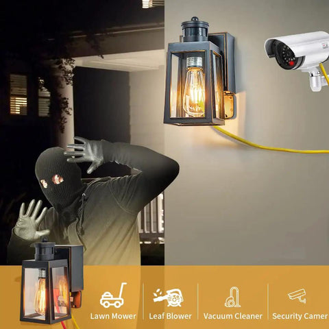 GFCI Porch Light With Dusk To Dawn Motion Sensor Breezy Rustproof Outdoor Lighting Fixture Three Lighting Modes For Front Door Patio Garage Exterior Lights 2 Pack illuminating a porch with a security camera and startled masked figure.