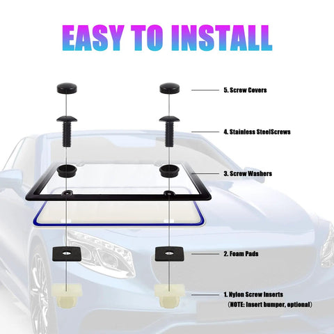 Lock Down Rustproof License Plate Screws Kit With Heavy Duty Anti Vibration Bolts And Theft Proof Covers assembly diagram showing stainless screws, washers, and foam pads.