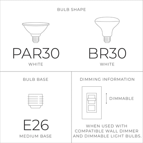 Diagram showing bulb shapes PAR30 and BR30, bulb base E26 medium, and dimming info for compatible wall dimmer and dimmable bulbs.