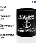 Is My Therapy Sailor Coffee Mug 11oz Black For Boaters And Sailors shown with safety icons.