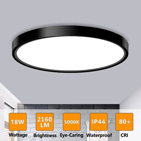 Black 9 Inch Flush Mount Ceiling Light Fixture, low profile slim surface light, 18W 5000K daylight in modern room setting.